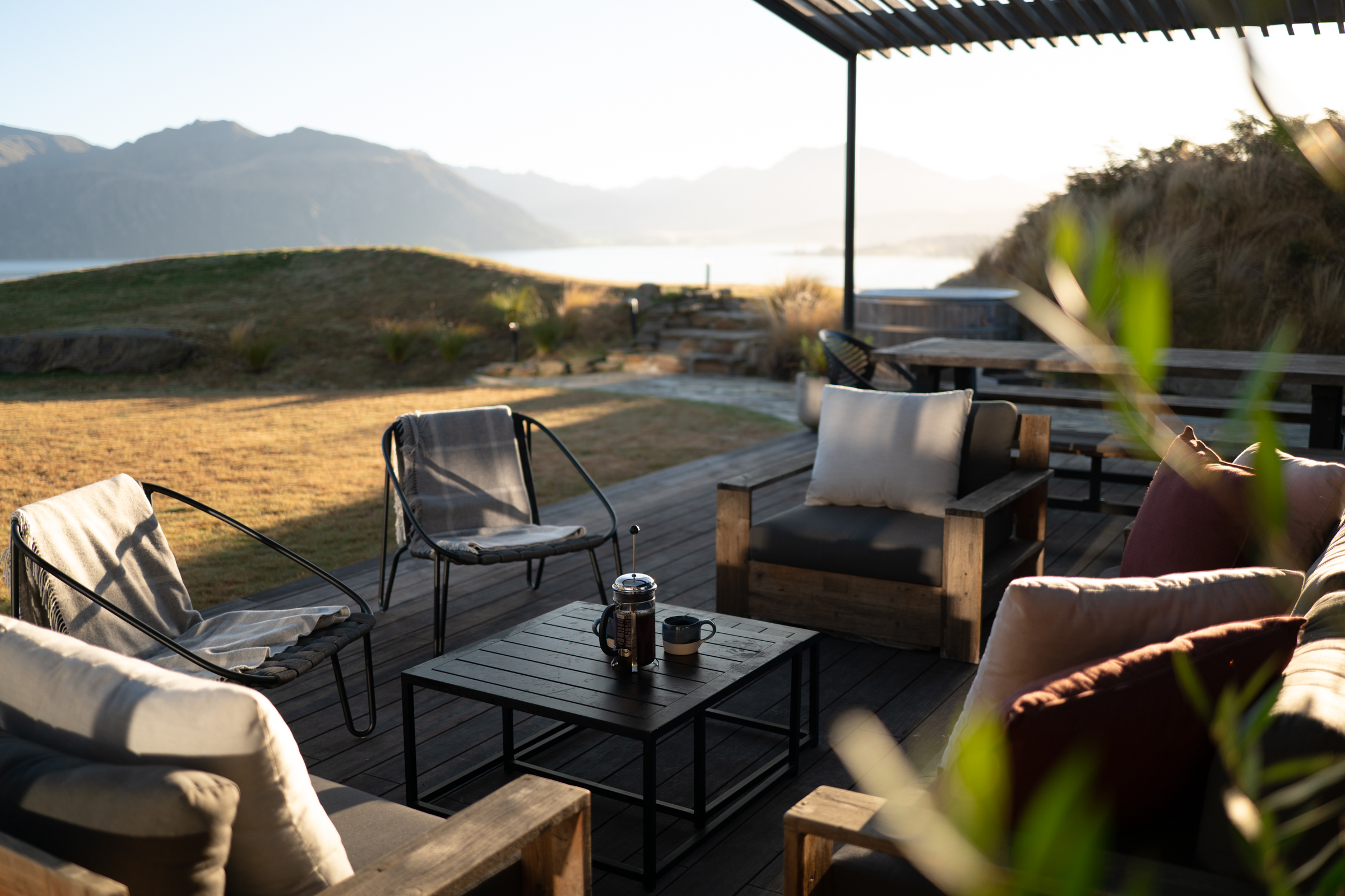 Outdoor seating with alpine views